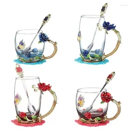 Mugs Rose Enamel Crystal Tea Cup Coffee Mug Tumbler Butterfly Painted Flower Water Cups Clear Glass With Spoon Set Perfect Gift