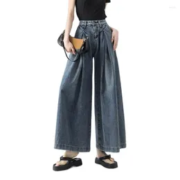 Women's Jeans Vintage Blue Denim For Women High Waisted Button Y2K Straight Wide Leg Long Pants Western Retro Casual Loose Soft Jean