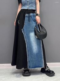 Skirts 230915 High Elastic Waist Black Denim Color-block Irregular Midi Half-body Skirt Women Fashion Spring Autumn 2024