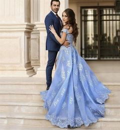 Designer Vestidos De Formature Off the Shoulder Appliqued Lace Prom Dresses Side Slit Blue Evening Gowns Plus Size Acceptable9832483