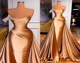 Gold Chic One Shoulder Crystal Mermaid Prom Dress With Detachable Train Sexy Backless Evening Formal Part Bridesmaid Gowns BC128959941439