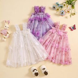 Girl Dresses Kid Girl's Tulle Dress Square Neck Sleeveless 3D Flower Leaf Embroidery Princess Infant Toddler Summer Clothes