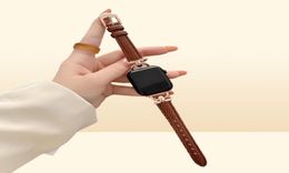 Designer Slim Strap With Embossed Pattern For Watch Band 45mm 42mm 38mm 40mm 44mm Iwatch 3 4 5 7 41mm Bands Metal Connector Rose Gold Buckle Leather Ladies Women2264188