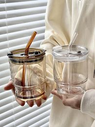 Wine Glasses Ins Slub Glass Straw Cup Double Drinking Coffee With Lid Milk Household Drink Student Water Office 400ML