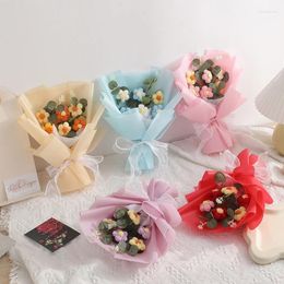 Decorative Flowers 1 Bunch Handwoven Puff Flower Artificial 6-flower Bouquet Wool Knitted Gift Mother's Day Valentine's Decor