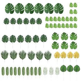 Decorative Flowers 70 Pieces 10 Types Artificial Palm Leaves Tropical Plants Imitation Ferns Decorations Party Wedding Jungle Forest Beach