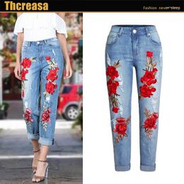 Women's Jeans 2024 Elastic Loose Trousers Colour Flowers 3d Three-dimensional Embroidery Pierced