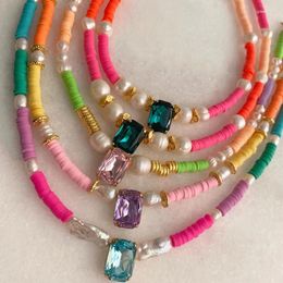 Choker Colorful Soft Ceramic Crystal Necklace Creative Geometric Bohemian Handmade Jewelry Birthday Gift