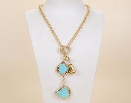 GuaiGuai Jewelry White Biwa Pearl Turquoise Lariat Chain Necklace For Women Real Gems Stone Lady Fashion Jewellery4983955