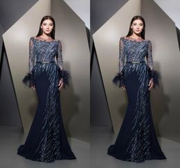 Ziad Nakad Mermaid Evening Dresses Feather Beads Sequins Long Sleeve Prom Gowns Plus Size Customised Formal Party Dress7337465