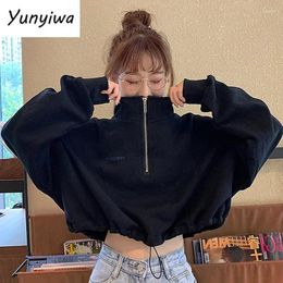 Women's Hoodies Womens Trendy Harajuku Kpop Females Hoodie Street Style Women Sweatshirt Zipper Crop Tops Simple Elastic Waist