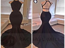 Sexy Black Halter Mermaid Long Prom Dresses Lace Sequins Beaded Backless Side Slit Formal Evening Gowns Black Girls Cocktail Party7387518