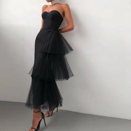 Sexy Black Sheath Evening Party Dress Sweetheart Ruffles Tulle Satin Ankle Length Women Prom Formal Gowns Custom Made Robe De Soiree