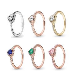 Authentic 925 Sterling Silver Ring Sparkling Pink Blue Green Elevated Heart Rings For Women Wedding Party European Fashion Jewelry8915219