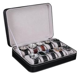 10 Slot Watch Box Storage Boxes Display Case Jewellery Organiser with 10 Removable Watch Pillow Velvet Lining Zipper Closure Synthet5662032