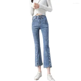 Women's Jeans Chic Pearl Beaded Split Design Flare Women Korean Fashion Skinny Ankle Length High Waist Denim Trousers Capris