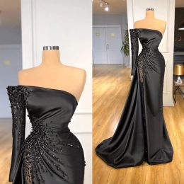 Elegant Evening Dresses One-Shoulder Long Sleeves Lace Beads Satin Prom Gowns 2024 Custom Made High Side Split Special Occasion Wear