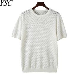 Men Knitted 100% pure cotton round neck T-shirt Short sleeve Hollow out style Breathable and comfortable high-quality Pullover 240412