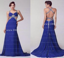 A Line Blue Chiffon V Neck Evening Dresses with Cutaway Crisscross Strap Shinning Rhinestone Floor Length buy 1 get 1 pearl 5378160