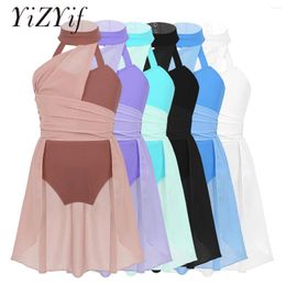 Stage Wear Kid Girls Ballet Dance Gymnastics Leotard Dress Sleeveless Ruched Chiffon Bodice Caged Back Figure Skating Lyrical Dancewear