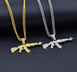 Alloy AK47 Gun Pendant Necklace Iced Out Rhinestone With Hip Hop Miami Cuban Chain Gold Silver Color Men Women Jewelry1433492