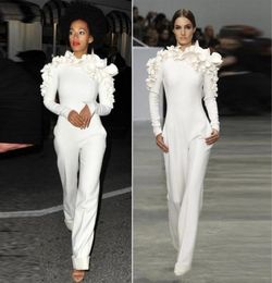 2017 New Arrival Celebrity Dresses White Leg Jumpsuit Long Sleeves High Neck with Flowers Formal Party Evening Dresses Custom Made4164477