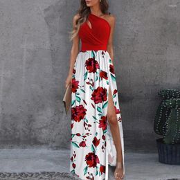 Casual Dresses Printed Long Dress Elegant Flowy Split For Women High Waist A-line With Sloped Neckline Slanted Shoulder Office