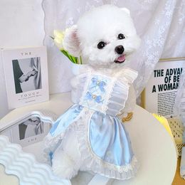 Dog Apparel Light Blue Summer Thin Pet Clothes Cute Small Bow Sleeveless Lace Wedding Princess Dress For Medium Dogs Schnauzer Puppy