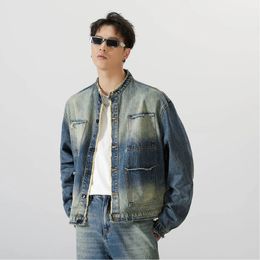 Y2K 100% Cotton Mens Denim Clothes Regular Fit Muti-pockets Jeans Coat Male Fashion Jackets 240408