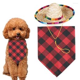 Dog Apparel Scarf Triangle Bibs Straw Hat Plaid Bandana Non Fading Soft Stylish Bib Set For Dogs Cats