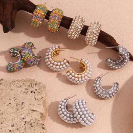 Stud Earrings Fashion Imitation Pearls Coloured Zircon 316L Stainless Steel Square Geometric Huggie Exquisite Korean Jewellery