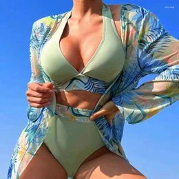 Women's Swimwear Leaf Print Swimsuit Women 2024 Three Piece Cover-ups Long Sleeve Sunscreen Bikini High Waist V-neck Beach Bathing Suit