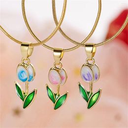 Choker Fashion Elegant Tulip Pendant Necklace For Women Exquisite Colorful Enamel Floral Clavicle Chain Rose Flower Jewelry Gift