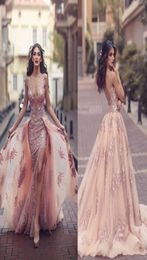 Saudi Arabic Over skirt Mermaid Evening Dresses 2020 Top Quality Sheer Backless V Neck Appliques with Capes Long Prom Party Split 4628656