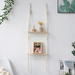 Decorative Plates Macrame Shelves Wood Swing Hanging Rope Wall Mounted Home Decor Floating Plant Flower Pot Decoration Wooden