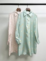 Casual Dresses Women Printed Silk Dress Rhinestone Button Vintage Long Sleeve Turn-down Collar Female Loose Mini Robe Spring 2024