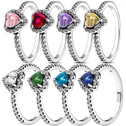 Cluster Rings Original Green Purple Yellow Elevated Love Heart With Crystal Ring For Women 925 Sterling Silver Europe Gift Jewellery