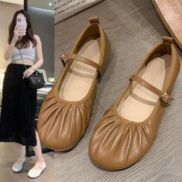 Dress Shoes Flat French Mary Jane For Women's Casual Pumps 2024 Soft Leather Buckle Strap Low Heels Ballet Shoe