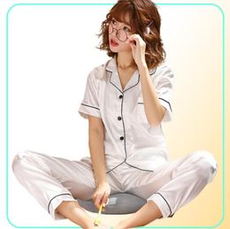 Short Sleeve Silk Pajamas Spring Women Summer Pajama Sets Silk Pijama Sleepwear Pyjamas Plus Size 3XL 4XL 5XL 85kg Nightwear Set Y9371129