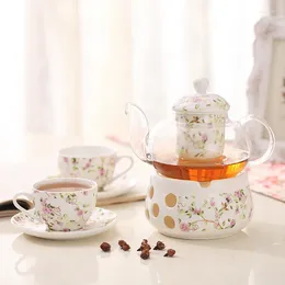 Teaware Sets Flower Tea Set 1 Pot 2 Cups Saucer Afternoon Flowers Fruits And Teapot Heat-resistant Candle Heating