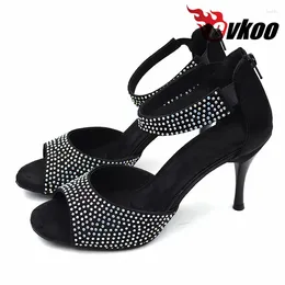 Dance Shoes Customsized Latina Zapatos Salsa 8.5cm High Heel Black Latin Rhinestones For Woman Evkoo-375