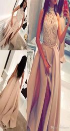 Gorgeous High Neck Long Prom Dresses Lace Beaded Floor Length Side Split Satin Formal Evening Dress Vestido De Fiesta evening gown6482965
