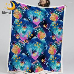 Blankets BlessLiving Firefly Throw Blanket Fairy Tale Plush Bedspread Magic Night For Bed Watercolour Bottles Kids Furry