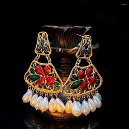 Dangle Earrings Women's Vintage Ethnic Gold Colour Sector Shape Drop Boho Jewellery Retro Imitation Pearl Waterdrop Tassel Ladies