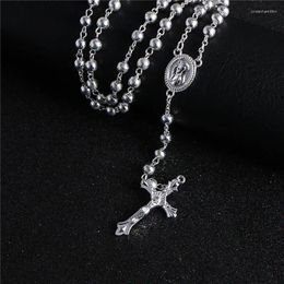 Pendant Necklaces KOMi Fashion CCB Bead Handmade Cross Long Necklace Silver Color Vintage Rosary Religion Jewelry Gift R-111