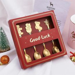 Spoons 4Pcs Gold/Silver Christmas Coffee With Gift Box Stainless Steel Gingerbread Man Dessert Cutlery Spoon Xmas