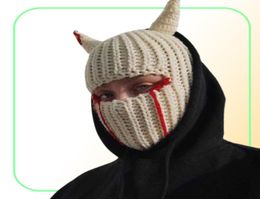 Cycling Caps Masks Halloween Funny Horns Knitted Hat Beanies Warm Full Face Cover Ski Mask Hat Windproof Balaclava Hat for Outdoor9386267