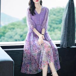 Casual Dresses Beach Holiday High Quality Real Silk Women Dress V-neck Purple Print Long Vestidos