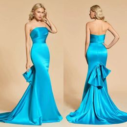 Classy Long Strapless Blue Satin Prom Dresses With Ruffle Mermaid Sleeveless Sweep Train Zipper Back Evening Dresses for Women