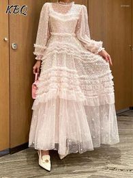 Casual Dresses KBQ Spliced Sheer Mesh Elegant For Women Round Neck Long Sleeve High Waist Patchwork Sequins Dress Female Fashion Style